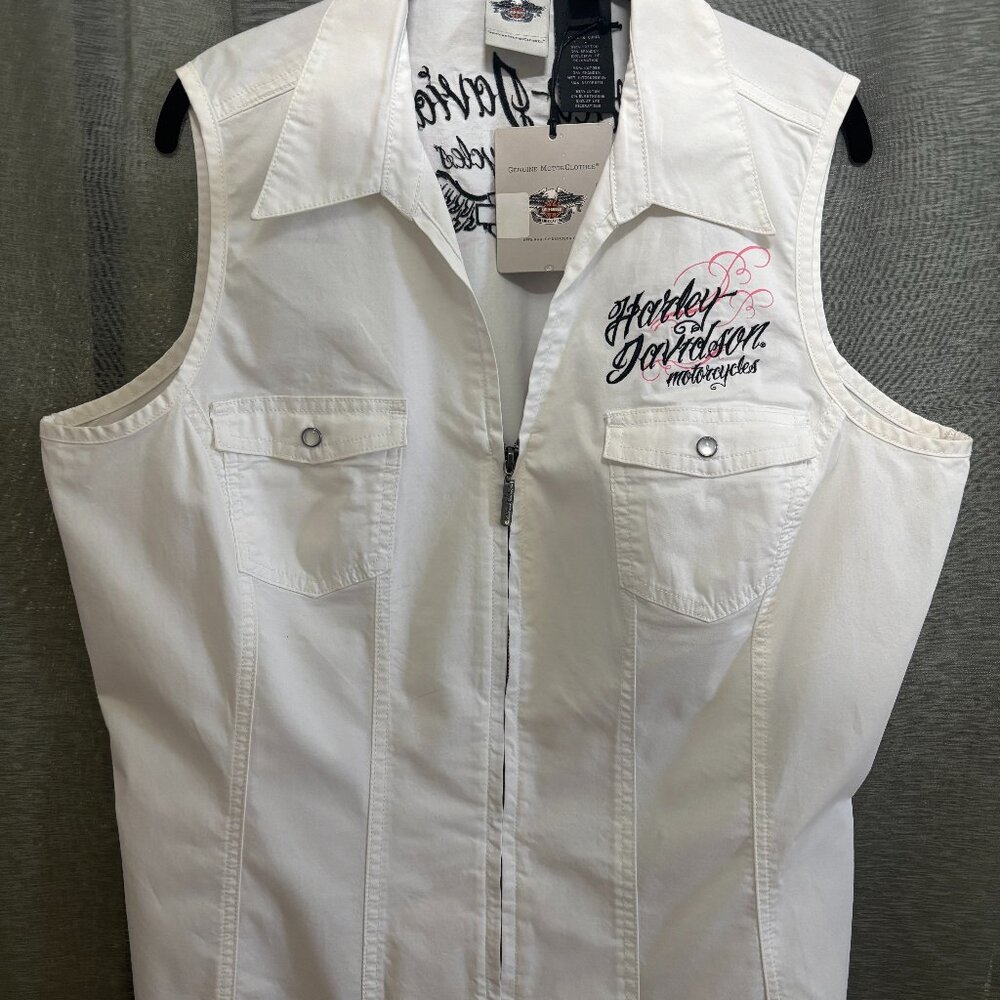 NWT Harley-Davidson Sleeveless Zip-Front Embroidered Shirt White XXL